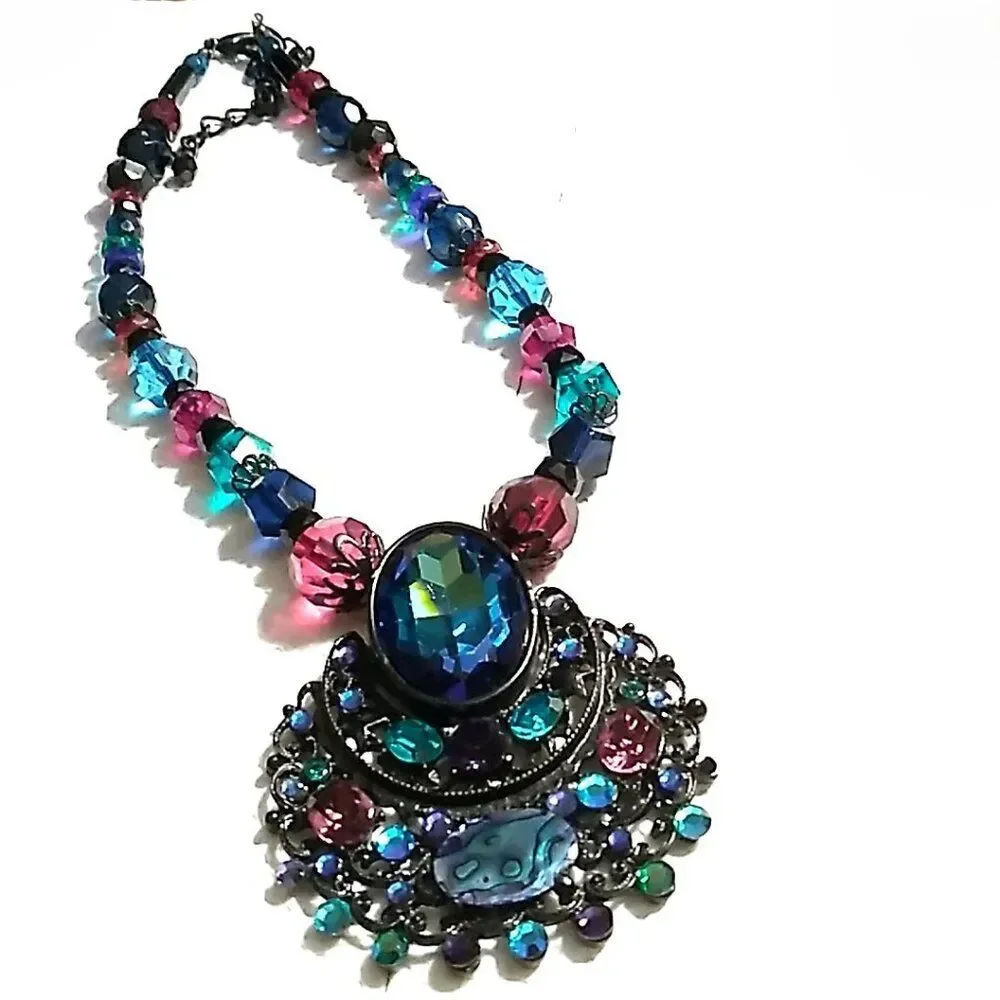 Chico's Necklace Multi-colored Faceted Crystal Beads Black Metal Rhinestone Pend